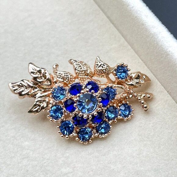 Rose Gold with Dark and Light Blue Sapphire Flower Leaf Bouquet Pin Back Brooch - Picture 4 of 8